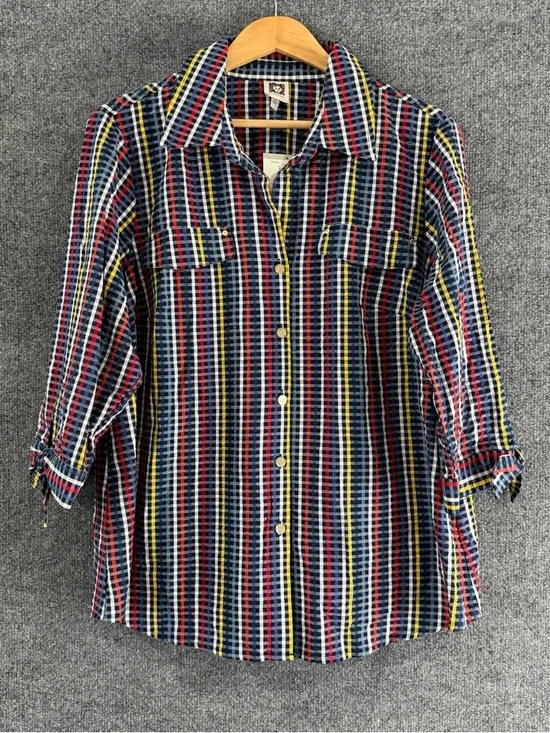 Anne Klein Womens Textured Multicolor Striped Button Up Top 3/4 Sleeve Size 1X - Picture 1 of 10